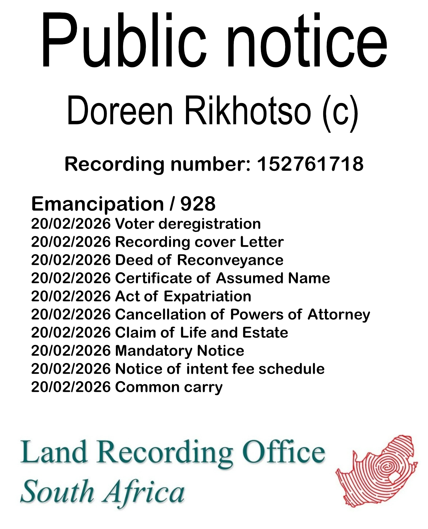 Public notice Doreen Rikhotso (c) Recording number 152761718